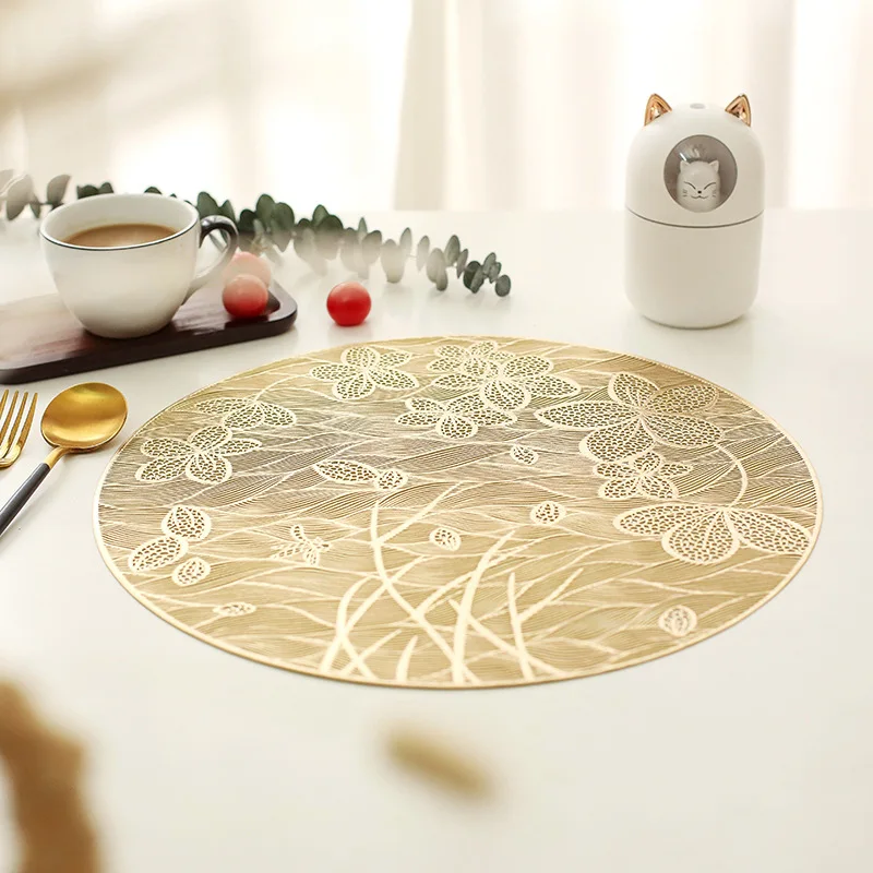 مفرغة مستديرة ديكور الذهب طاولة طعام حصيرة 38 سنتيمتر بولي كلوريد الفينيل زينت مفارش طاولة فردية لتزيين فندق المنزل #4