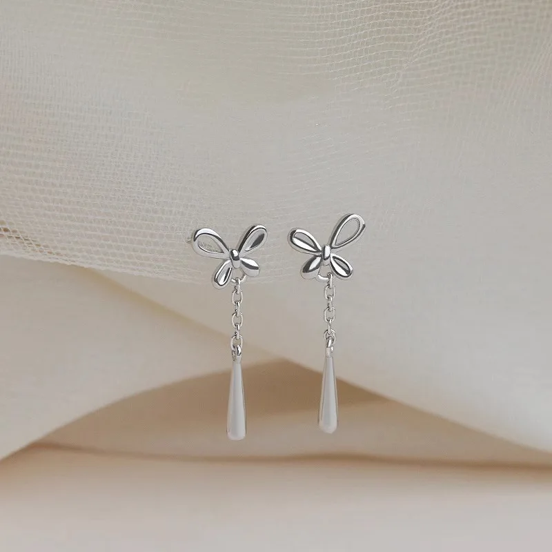 High Quality 925 Sterling Silver Teardrop Tassel Hollowed Bowknot Stud Earrings for Women Girls Jewelry Accessories Not Allergic
