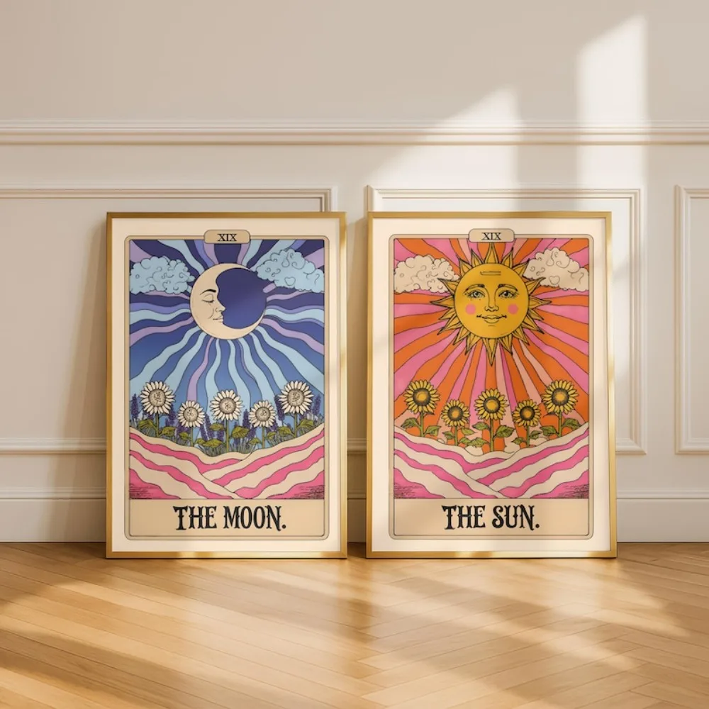 Frameless Sun and Moon Tarot Card Print Set,retro Bohemian Mystery Wall Art,digital Download,living Room Bedroom Wall Decoration