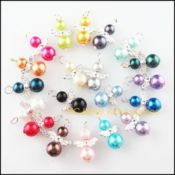 20Pcs Silver Plated Angel Mixed Ball Glass Pearl Beads Charms Pendants 14x21mm