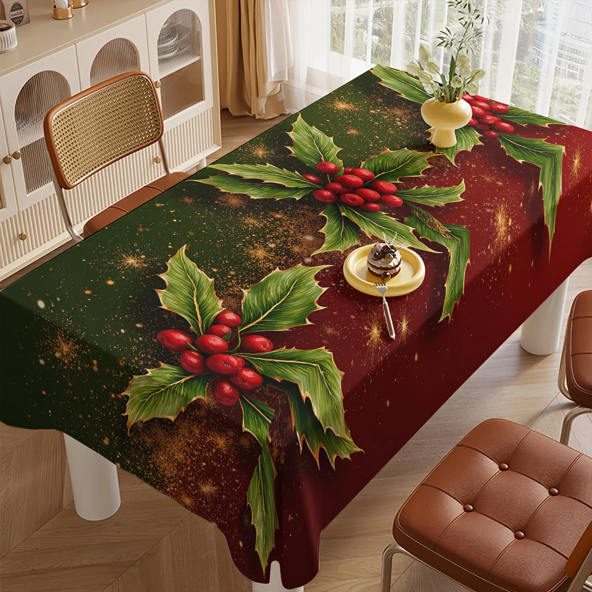 1pc Christmas Holly Berry Printed TableclothRectangular TabletopDecorative Party TableclothModern Dining Table CoverTablecloth F