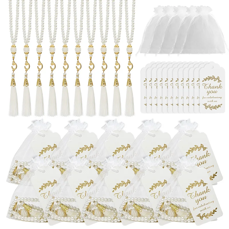 15/30 Stück EID Mubarak Glasperlen Quaste mit Taschen und Papieranhänger Muslim Islam Gebetsperlen Armband Hängende Verzierung Partygeschenke