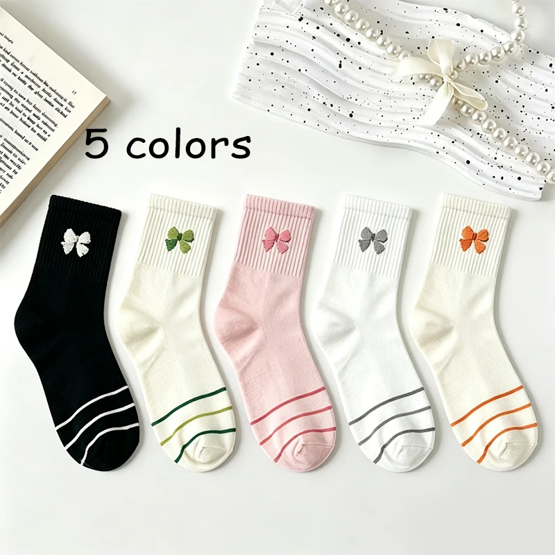 Girls Cute Bow Decor Socks, Soft Breathable Striped Mid‑Calf Fashion Casual Daily Women Socks Multicolor