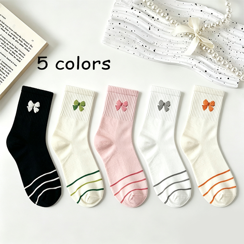  Girls Cute Bow Decor Socks, Soft Breathable Striped Mid‑Calf Fashion Casual Daily Women Socks Multicolor 