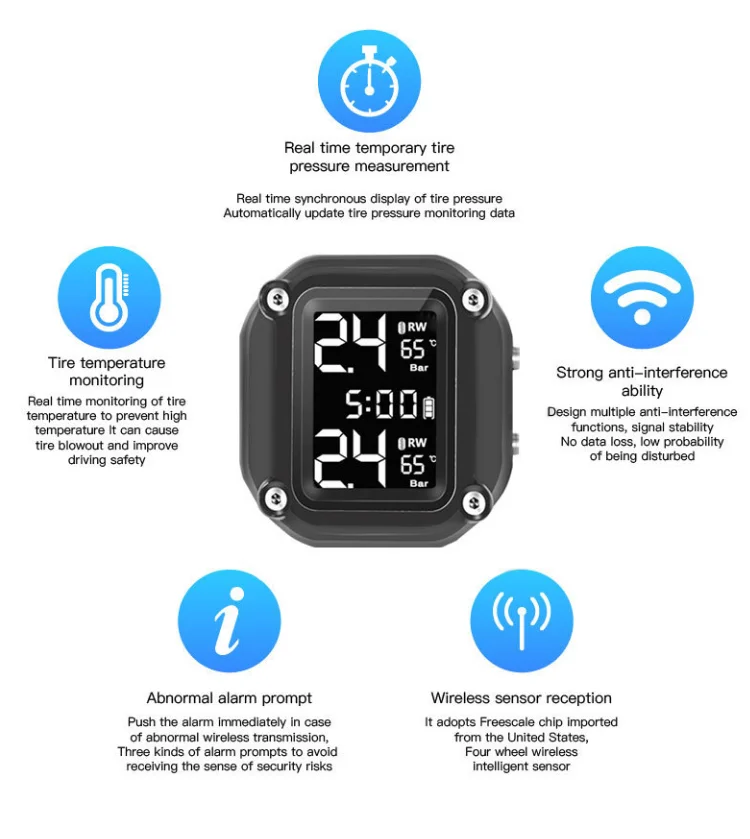 Motorcycle Bike TPMS Digital Tire Tyre Pressure Monitor System External Sensors