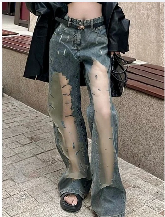 

Y2k Cut-out Gradient Woman's Denim Pants Mesh Patchwork Low Rise Jeans for Women Baggy Wide Leg Dragging Vintage Denim Trousers