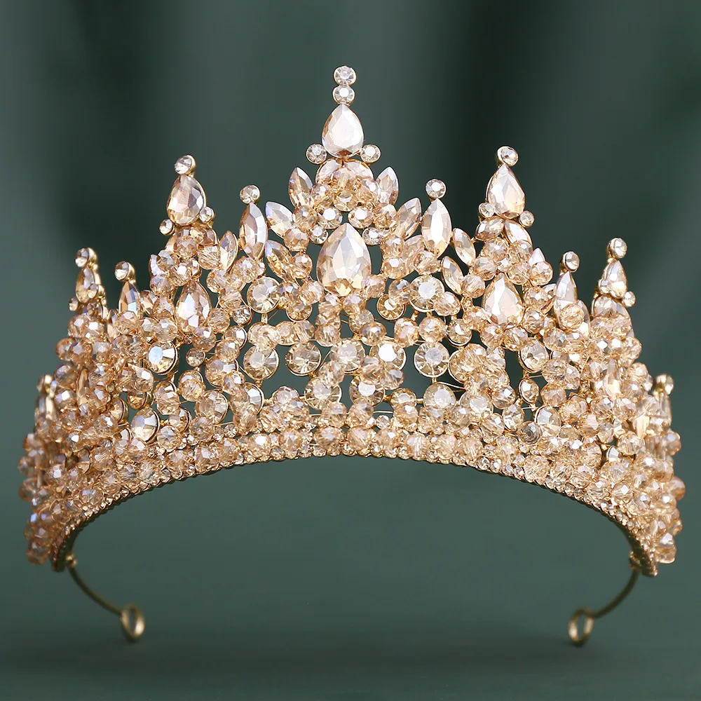 Handmade Beaded Pink Crystal Crown Tiara for Women, Sparkling Rhinestone Queen Headpiece