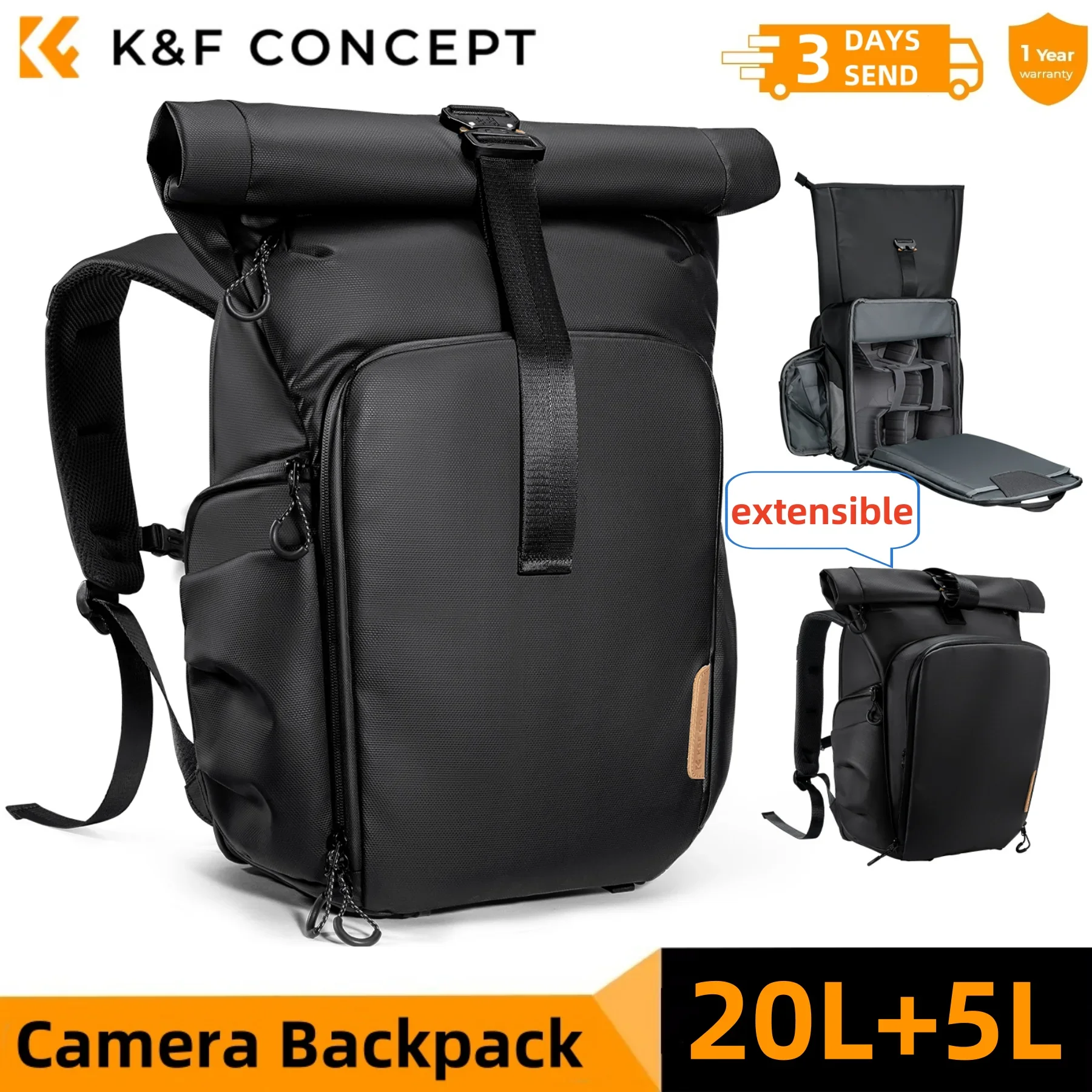 K&F CONCEPT Uitbreidbare 25L cameratas Outdoor waterdichte cameratas voor Canon/Sony SLR DSLR 15.6 laptoptas met regenhoes