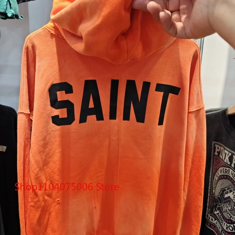 سترة بقلنسوة فضفاضة من القطن باللون البرتقالي القديم، ملابس شارع مطبوعة بأحرف بسيطة