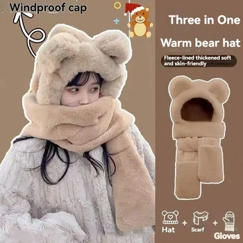 3-in-1 Bear Ear Winter Hat Scarf Gloves 1