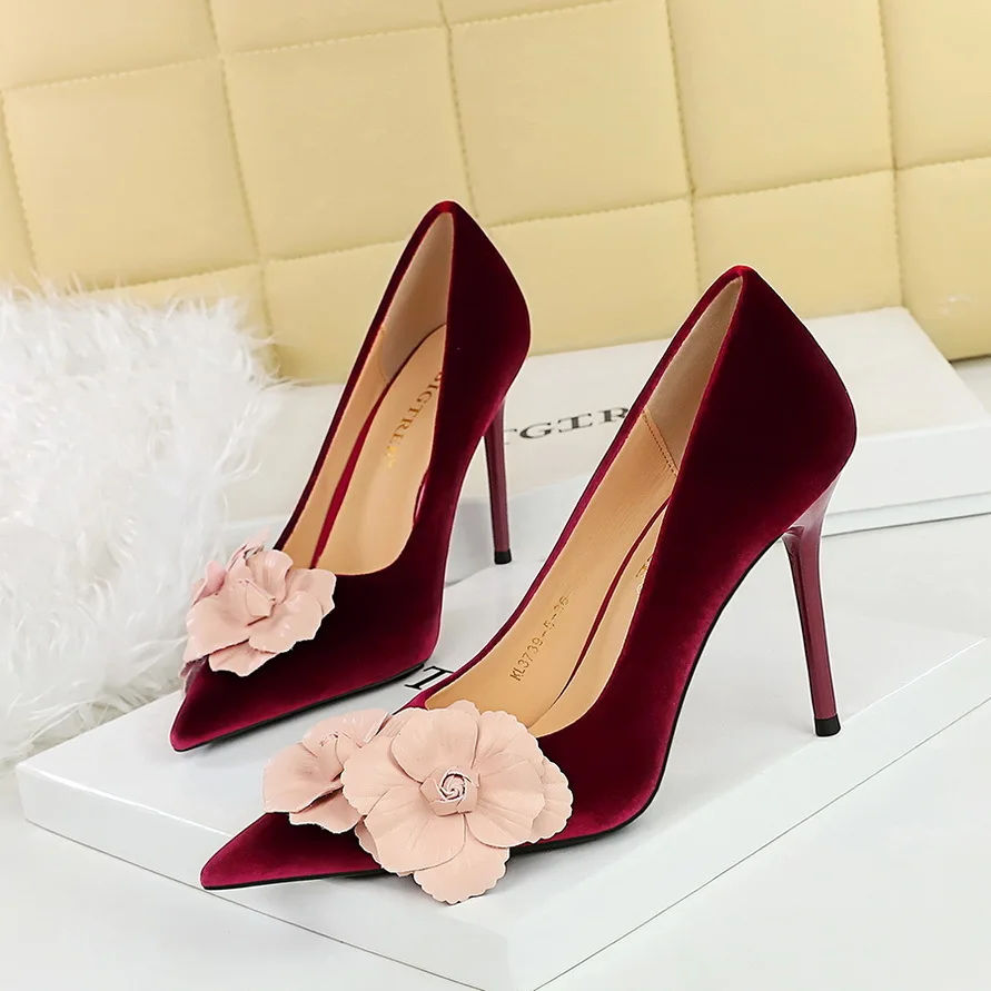 New Style Banquet With Thin Heels Suede Light Mouthed Pointed Color Blocked Flower Single Shoes For Women Pumps туфли женские