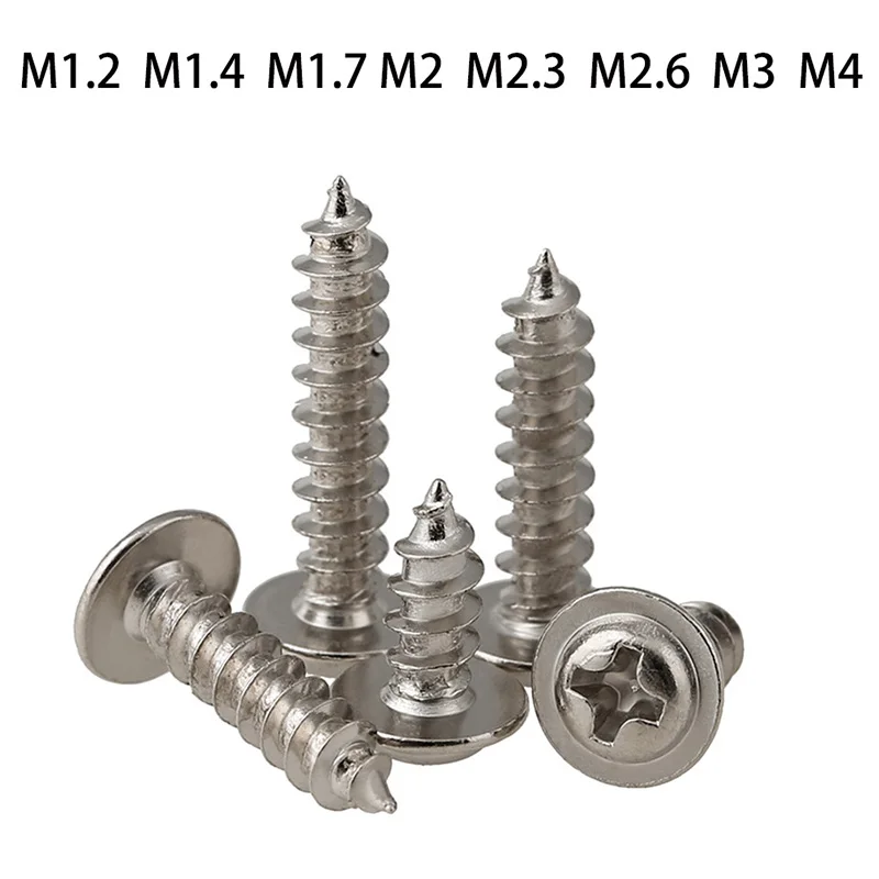 200/100pcs Round Head Phillips Self Tapping Screw With Washers Carbon Steel Cross Pan Head Screw Bolt M1.2 M1.4M1.7 M2 M2.3 M3M4