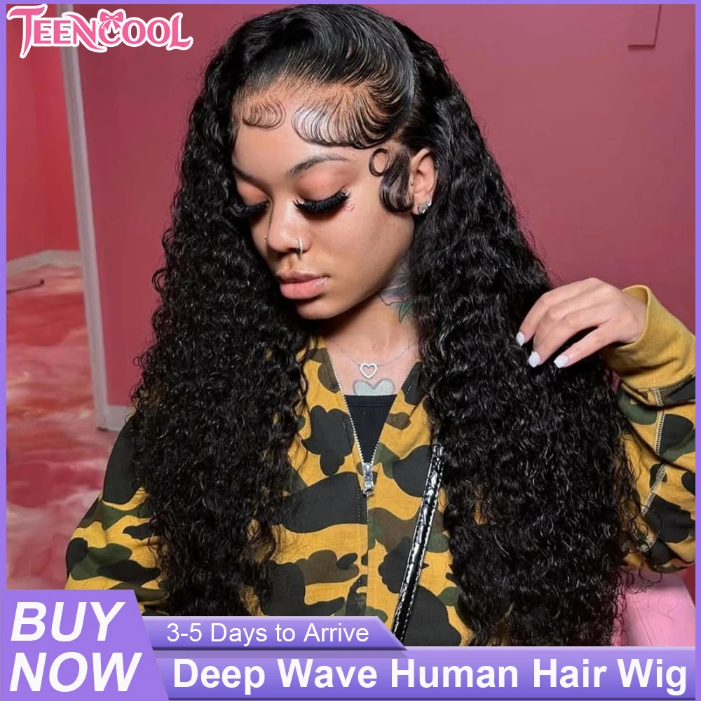 13x4 Hd Lace Front Human Hair Wig Deep Wave 13x6 HD Transparent Lace Frontal Wigs Human Hair 30 40 Inch 220 Density Natural Color Pre Plucked Baby Hair Natural Hairline Curly Wigs on Clearance Sale