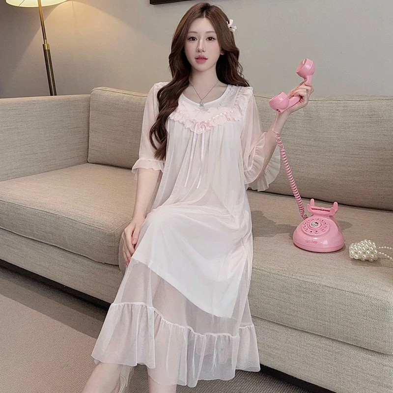 

2026 Hot Summer Sweet Princess Short Sleeve Cotton Nightgowns for Women Korean Cute Sleepwear Night Dress Nightdress Home Nighty