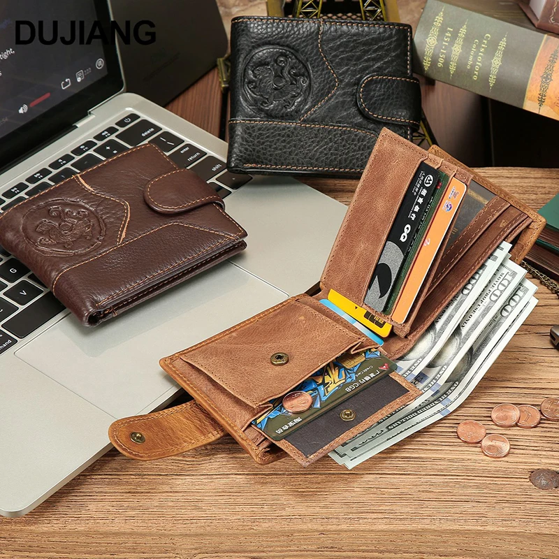 New Genuine Leather Short Wallet Creative Totem Embossed Men Coin Purse Retro Multifunctional Magnetic Buckle Card Holder