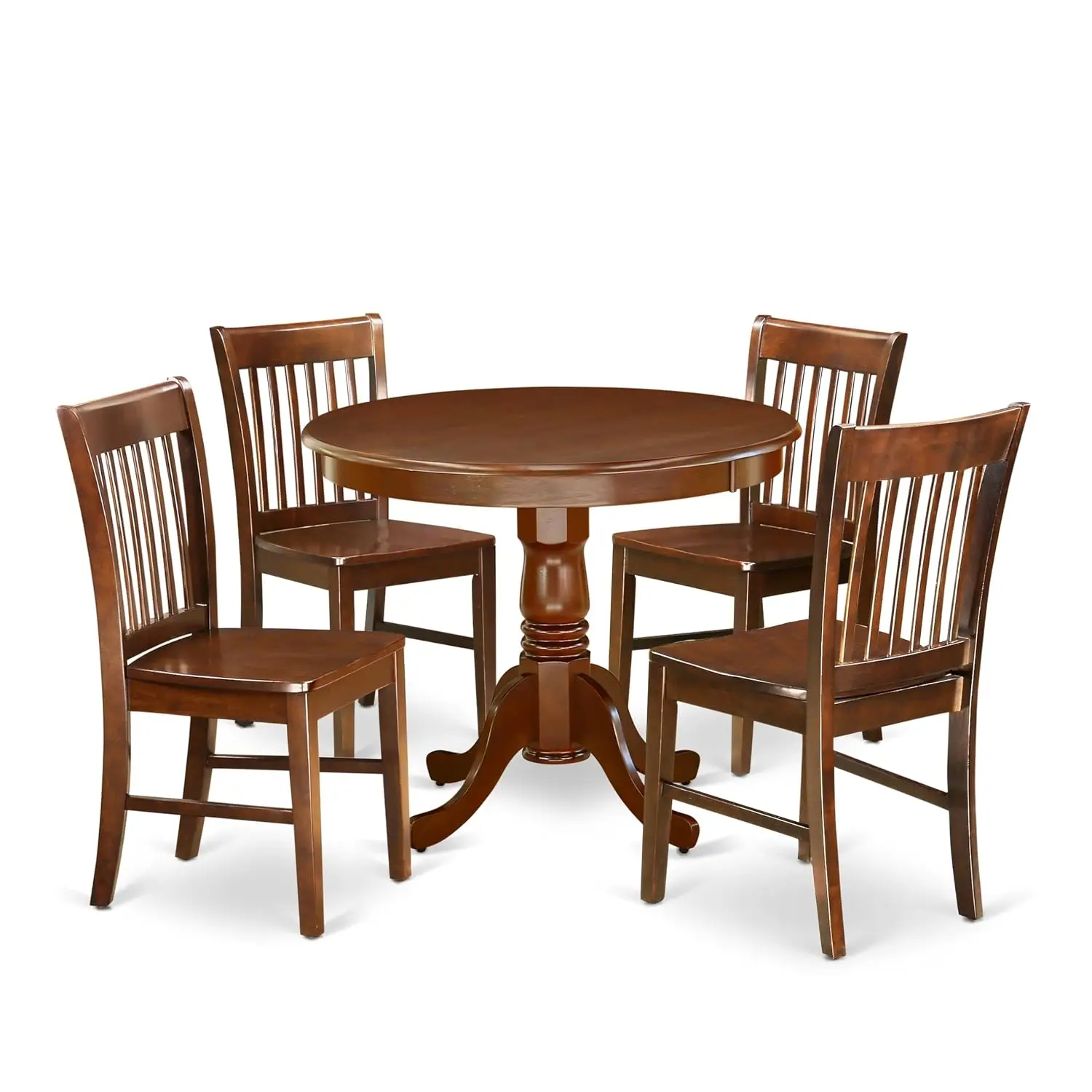 Round Dining Table with Pedestal & 4 Wood Seat Chairs 36x36 Inch Mahogany 5 Piece Dining Set, Customized