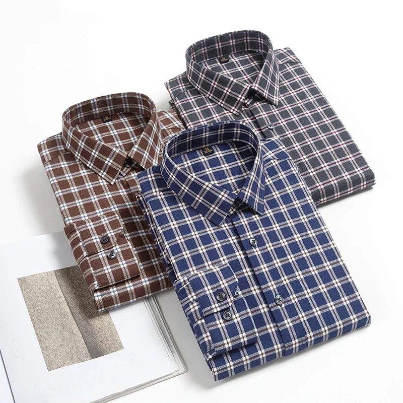 Mens Plaid Striped Long Sleeve Wool Shirt No Pocket Business Formal Dress Shirt Casual Fashion Standard Fit Male Workwear Shirts