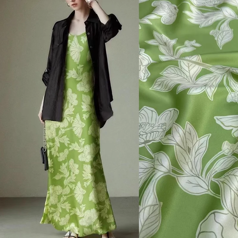 

White Floral Printed on Green Stretch Silk Fabric for Summer Comfortable Dress Horse-faced Skirt Pants DIY Sewing Material R2095