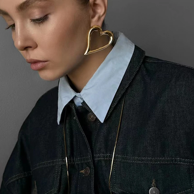 PRISCA | Big Heart Earring for Women Stainless Steel Simple Line Metal Jewelry French Hot Sale