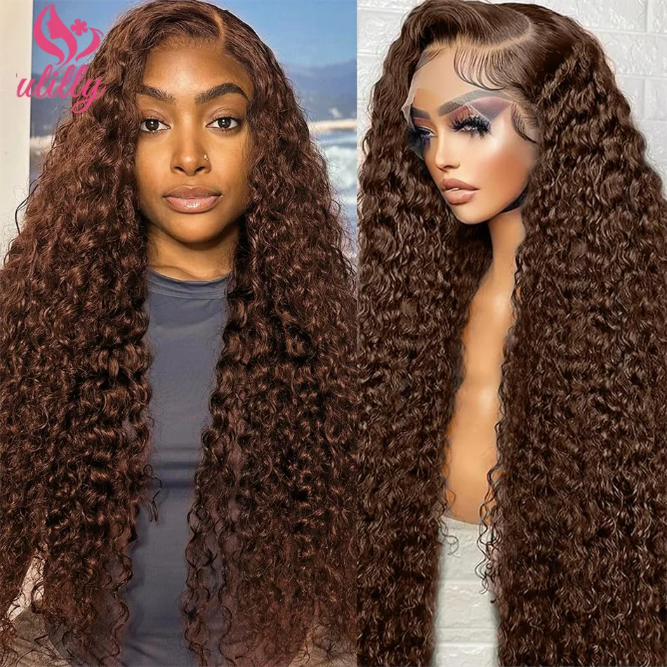 HD 13x6 Chocolate Brown Lace Front Wig Colored Human Hair Wigs Deep Wave Curly 30 Inch Lace Frontal Human Hair Wig Pre PLucked