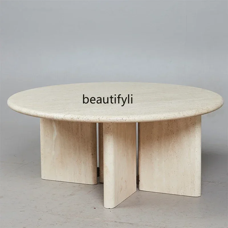 

A53 Natural travertine coffee table, creative living room household round coffee table wabi-sabi cream wind minimalist coffee ta