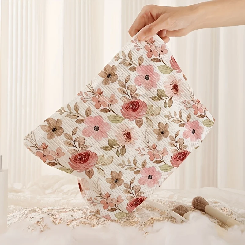 Corduroy Women'S Makeup Bag Pink Floral Travel Essential Portable Wash Bag Large Capacity Zipper Storage Bag Suitable As Gift