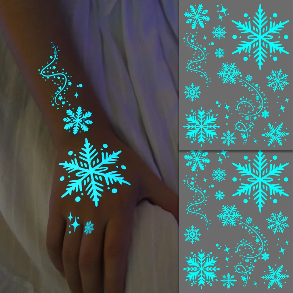 2 Sheets Glow in the Dark Christmas Tattoos - Blue Snowflake Designs, Waterproof Temporary Stickers for Party Favors