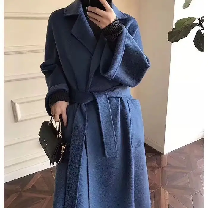 2024 Popular High End Water Ripple Double-sided Wool Coat Women Long Bathrobe Style Autumn Winter Jacket Coat  Female Luxury