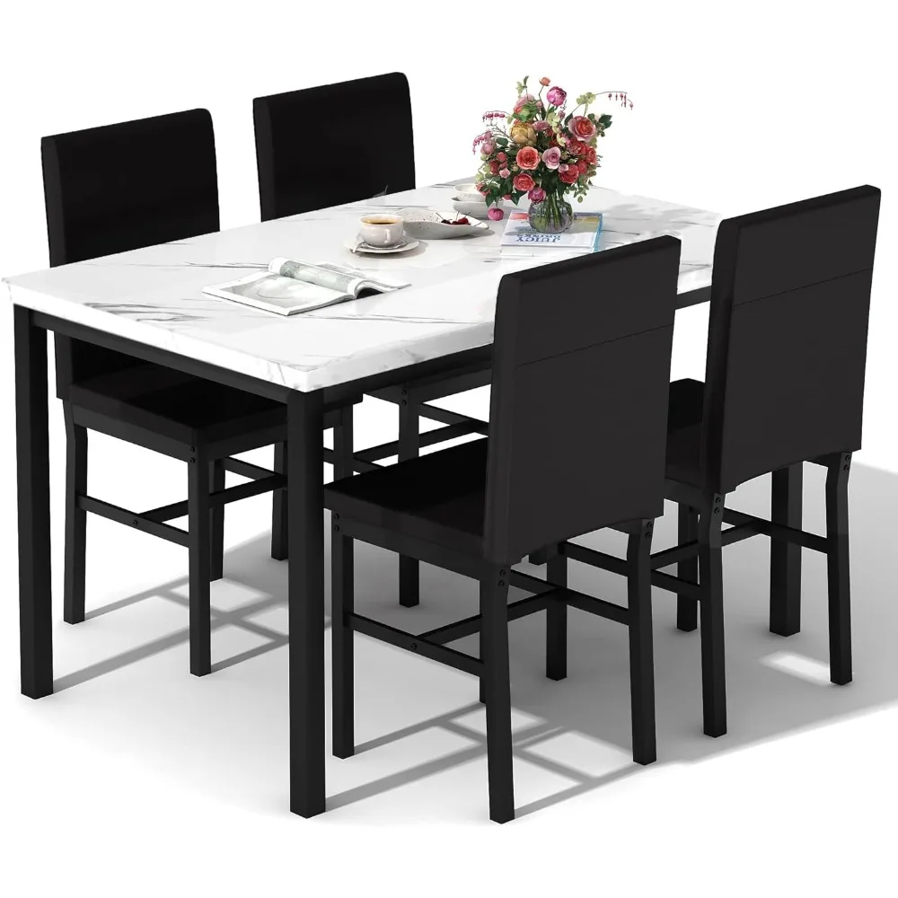 Dining Table Set for 4,Modern Kitchen Table Chairs Set of 4,Faux Marble Dining Room Table Set for 4 Space-Saving 5-Piece Dinette