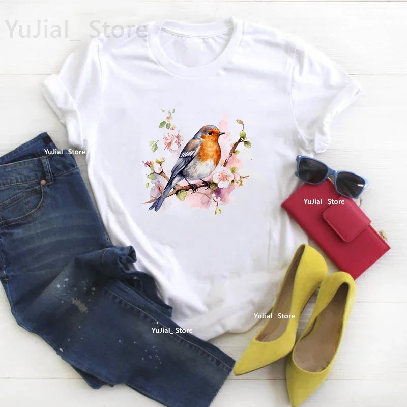 

New women tshirt Cute Bird Flowers Print T Shirt Watercolor Cockatiel Parrot Tshirt Women Summer Fashion Tops Tee Shirt Femme