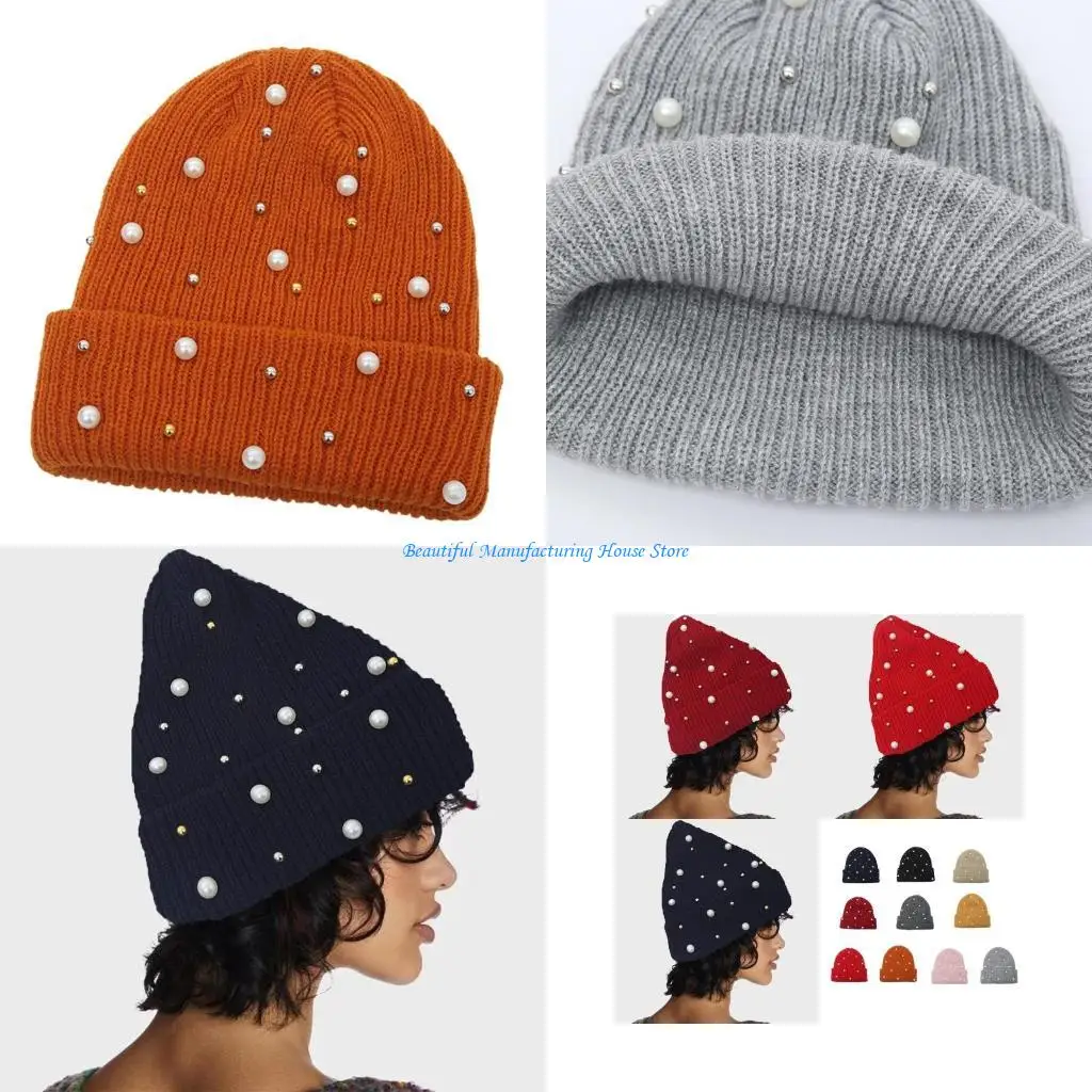 E56A Stylish Knitted Hat Elegant Pearls Pattern Hat Cold Weather Hat Winter Accessory for Fashion Women