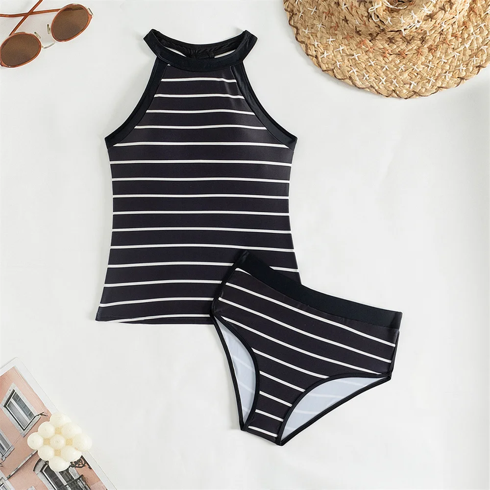 Vintage Striped Bikini Crew Neck Tankini Swimsuit Backless Push Up Swimwear Women Y2K Beach Vacation Outfit Bather Suit Sexy Set