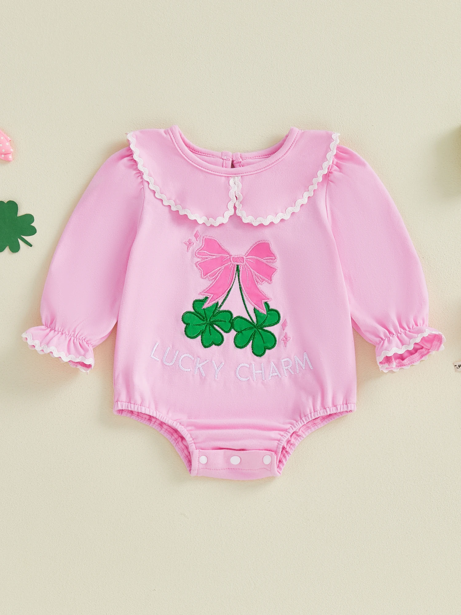 

Очаровательные комбинезоны для маленьких девочек с пышными рукавами, кукольным воротником, бантом и вышивкой клевера — милый комбинезон с пузырьками