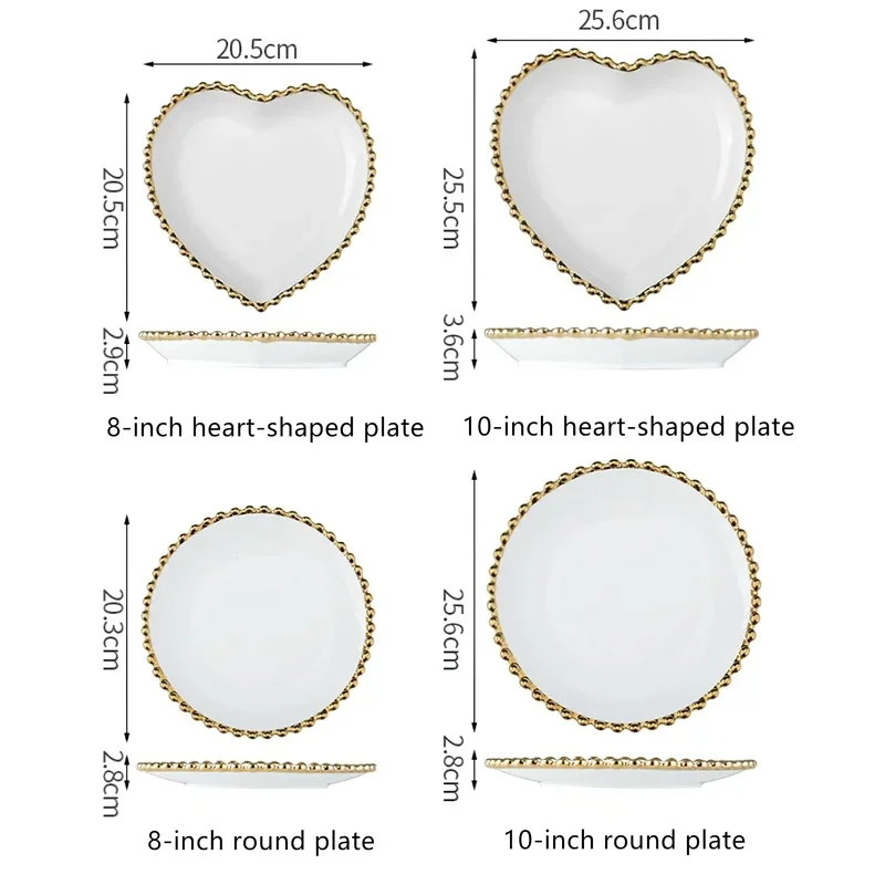 1pcs Ceramic Tableware Nordic Phnom Penh White Round Rice Bowl Salad Large Plate Steak Dish Heart-shaped Dinnerware Dinner Plate