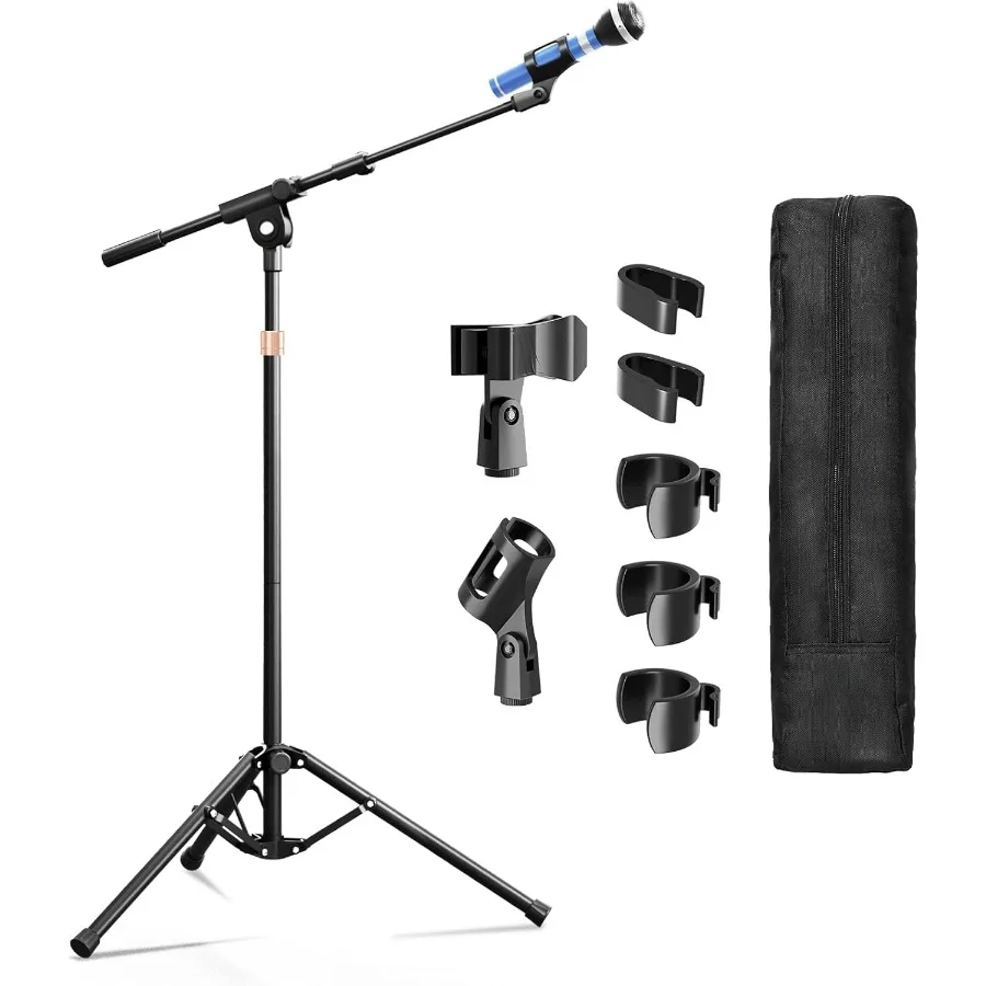 Mic Stand with Boom Arm Heavy Duty Tripod Microphone Floor Holder Height Adjustable with Carrying Bag and 2 Mics Clips for Sing