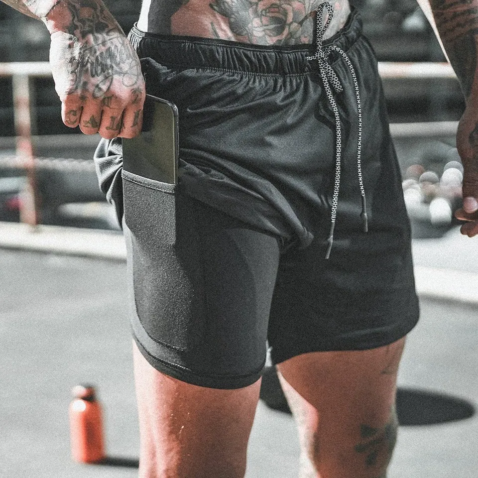 Shorts de corrida camuflados masculinos, shorts esportivos 2 em 1 de secagem rápida para treino, ginástica, fitness, corrida, calças curtas de verão para homens