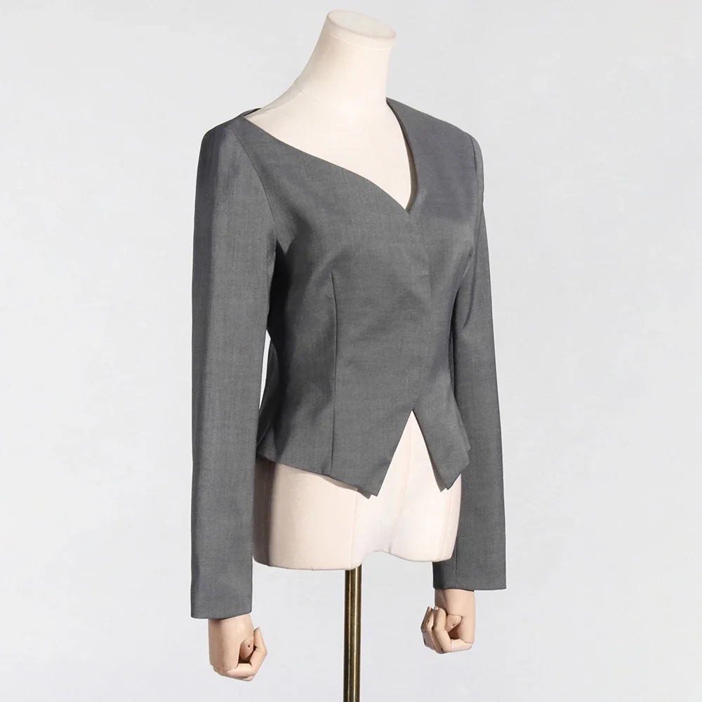 VGH Solid Patchwork Hidden Breasted Chic Blazers For Women Diagonal Collar Long Sleeve Minimalist Slim Blazers Female Fashion