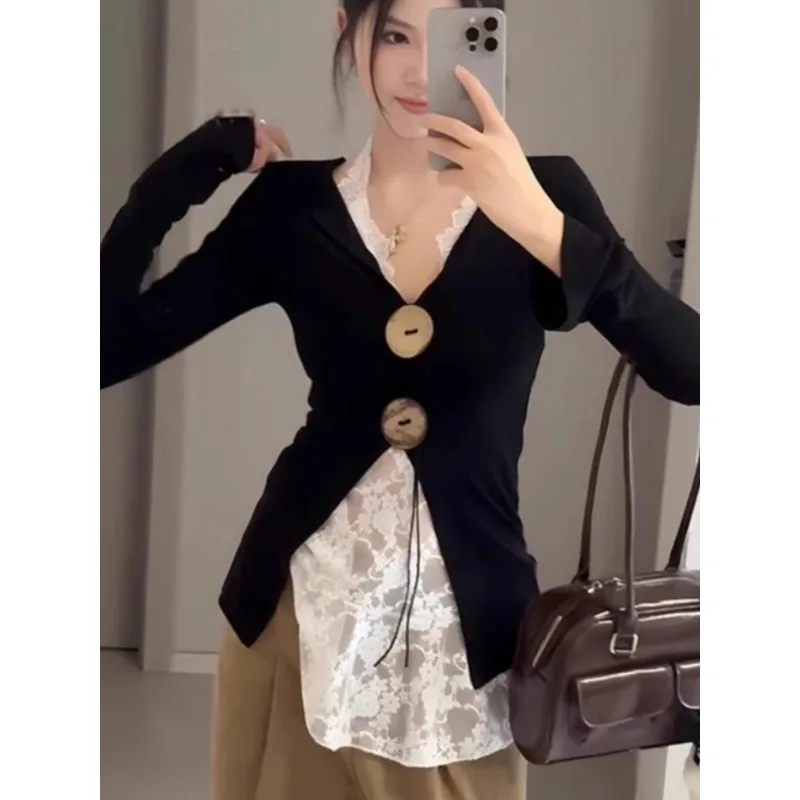 Y2k Button V-neck Long-sleeve Tops Women Fall Hanging Neck Lace Inner Layering Two-piece Set Slim Tshirts Shirt Design Outerwear