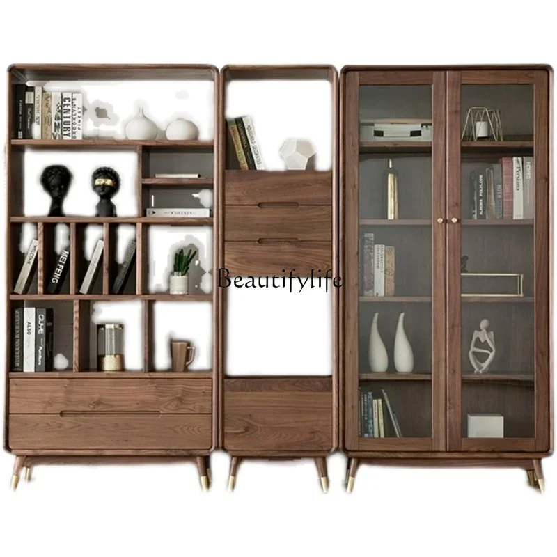 

D3305-North American black walnut solid wood bookcase bookshelf combination log Nordic bookcase