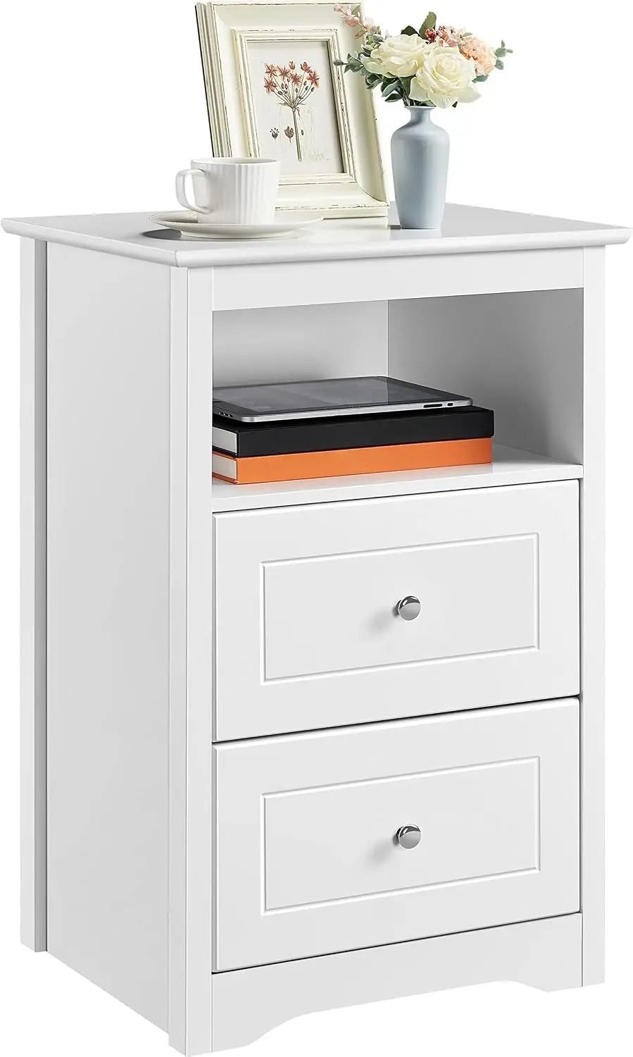 Tall Nightstand for Bedroom with 2 Drawers and Open Shelf, White | Bedside Table for High or Platform Beds, End Table for Living Room, Deep Drawers for Chargers and Books, 19 W, Painted MDF