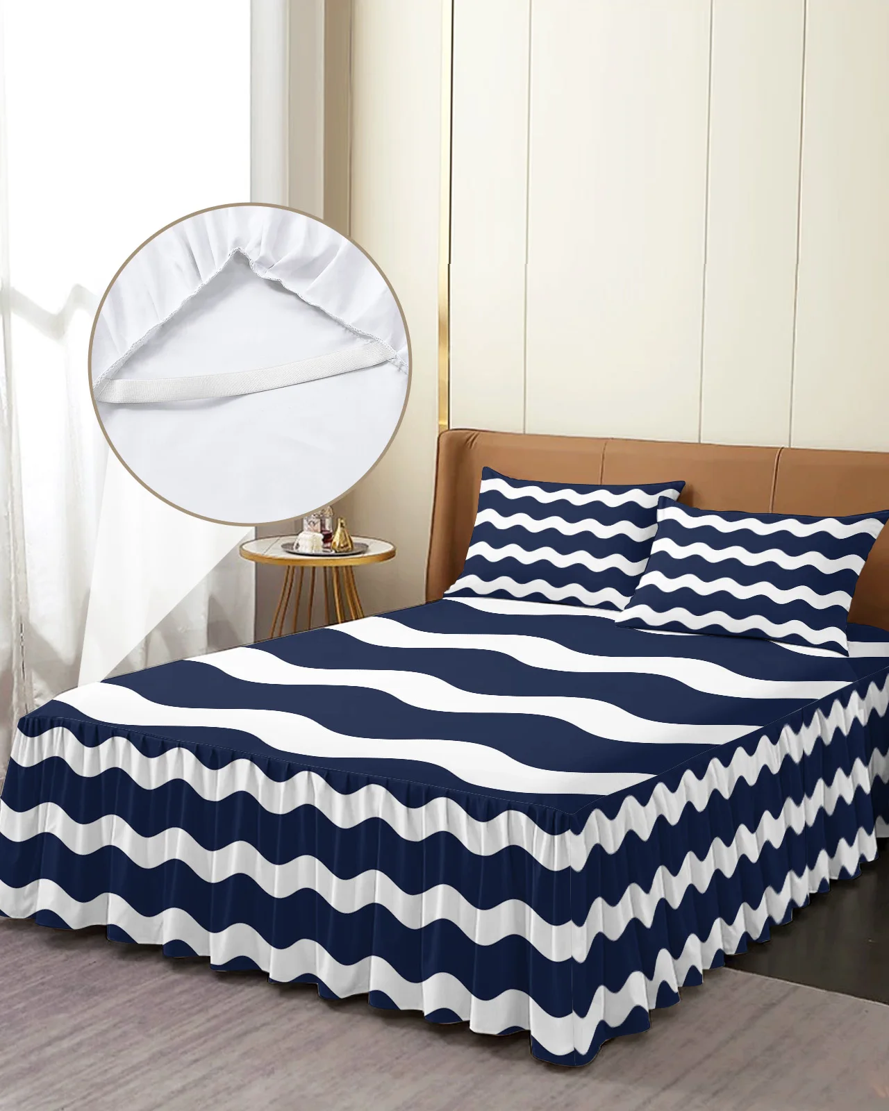 Navy Blue Ripple Waves Bed Skirt Elastic Fitted Bedspread With Pillowcases Bed Protector Mattress Cover Bedding Set Bed Sheet