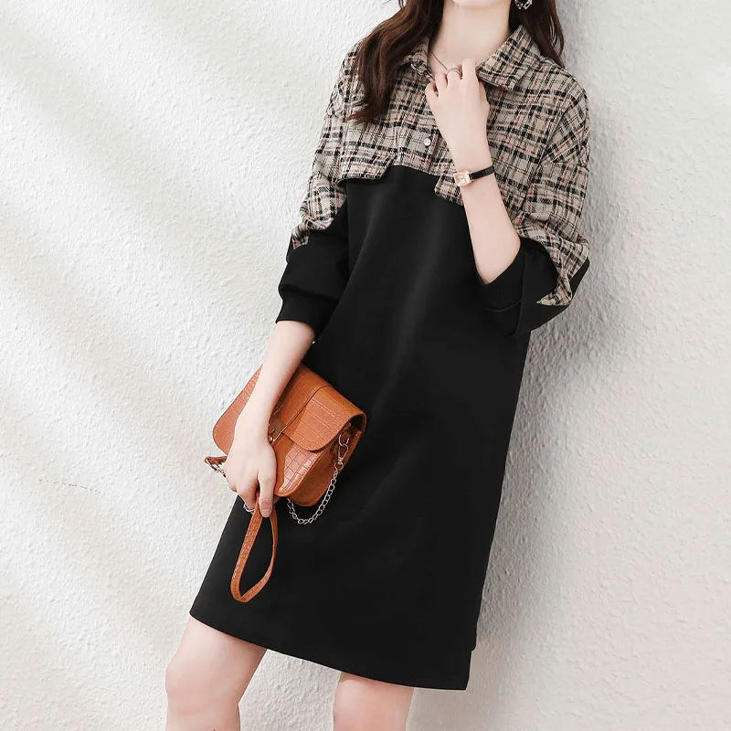 Women\'s Plaid Spliced Long Sleeve Dresses 2023 Autumn New Fashion Female Clothing Commute Turn-down Collar Loose All-match Dress