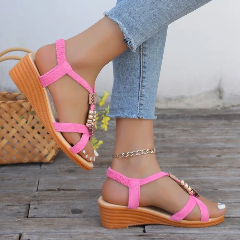 Sandalias de cuña para mujer, novedad de verano 20224, sandalias planas sexis a la moda para la playa, zapatos elegantes cómodos e informales cómodos para mujer