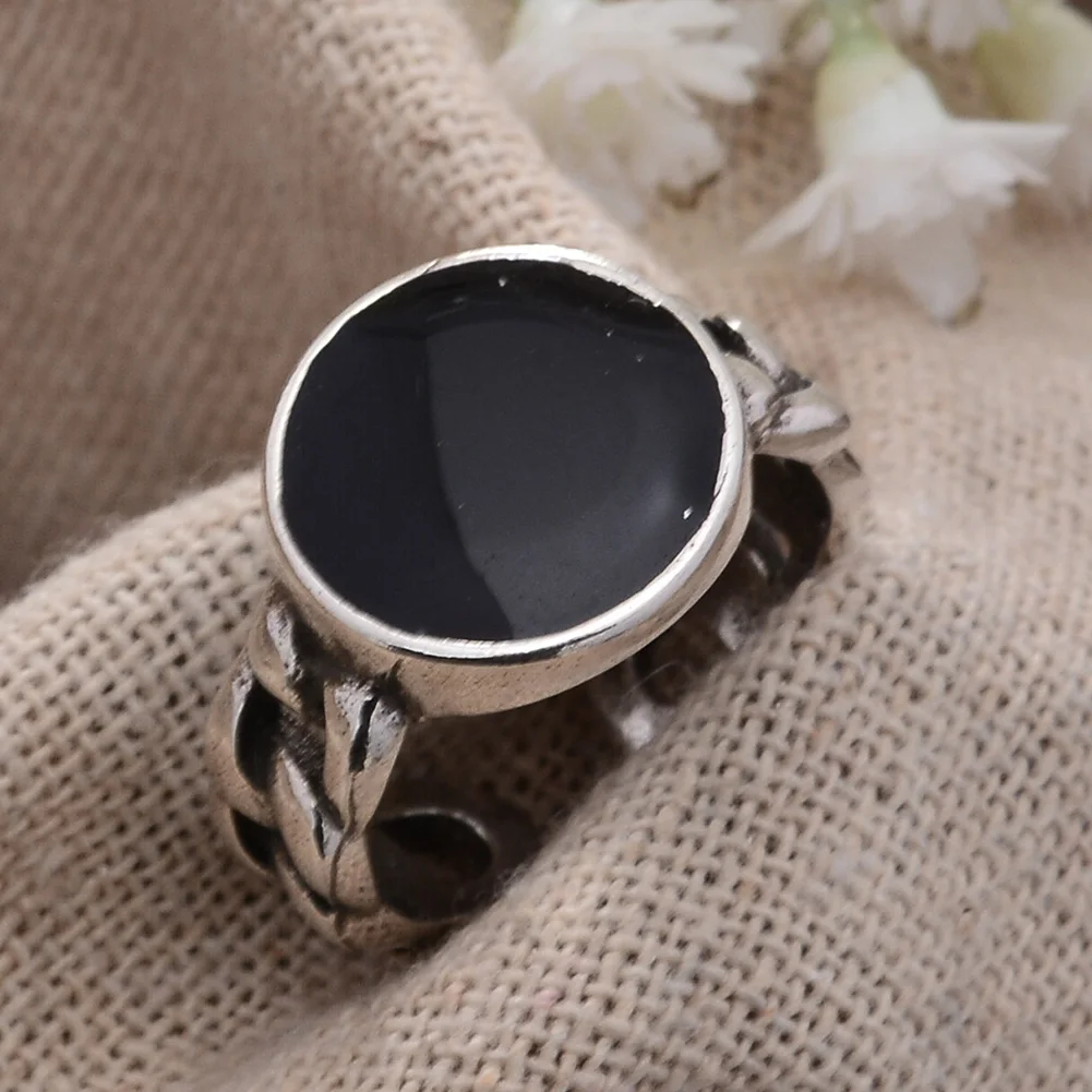 Best Sell Trendy 13mm Big Round Black Resin Thai Silver Man Finger Rings Jewelry No Fade Birthday Gifts Drop Shipping image 3