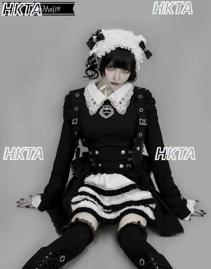 Japonais Harajuku Punk foncé Lolita produit en série maille brodée Patchwork chemise de Base noire hiver nouveau T-Shirt à manches longues haut