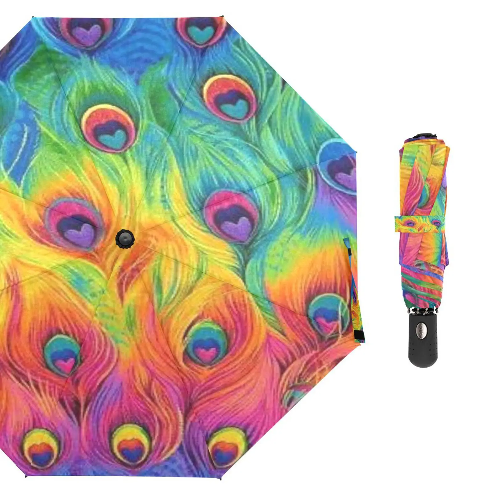 New Colorful Peacock Feather Three Folding Umbrella Rain Women Sun Protection Fully Automatic Umbrella Male Portable Parasol