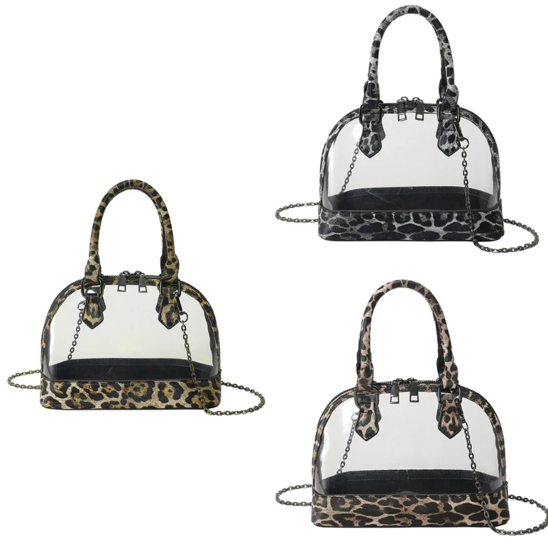 

E74B Fashion Clear PVC Leopard Trim Crossbody Bag Shell Shape Shoulder Handbag with Top Handle Purse for Travel and Casual