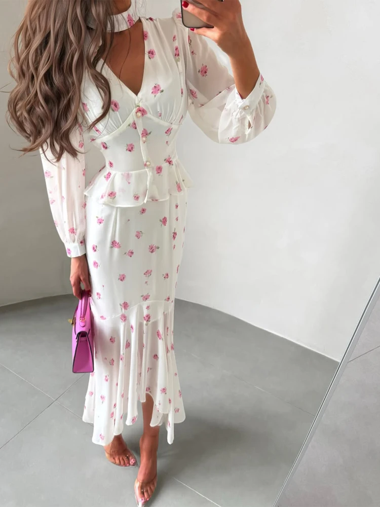 Women White Pink Floral Choker Neck Midi Dress Elegant V-neck 3/4 Sleeve Peplum Ruffle Hem Cusual Dress Fitted Cocktail Dresses view 2