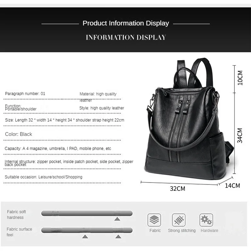 Women Soft Backpack School Leather Black Casual Multifunctional College Bag Large Capacity Shoulder Bags Travel Tote Backpack