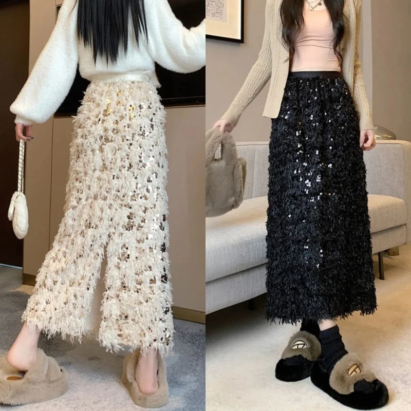 Temperament Autumn/Winter Women's Solid Glitter Fashion Luxury Elastic High Waist Midi Feather Split Slim A-line Hip Wrap Skirt